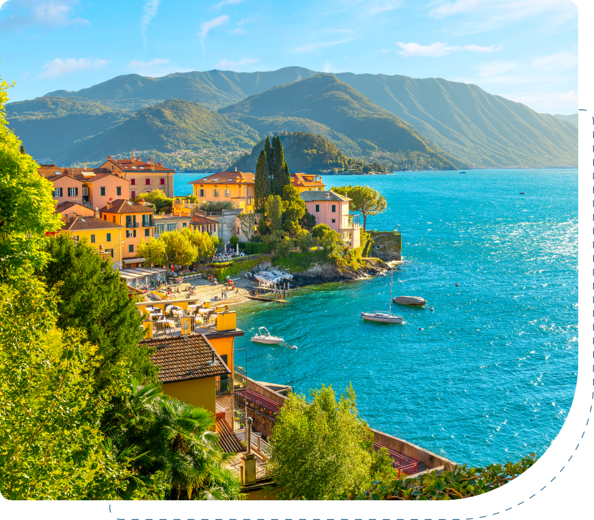 Scenic lakeside village with mountain backdrop