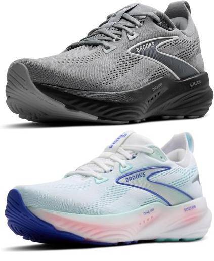 Gray and multicolor Brooks running shoes display.