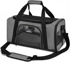 Gray pet carrier with shoulder strap.