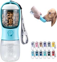 Portable dog water bottle with treat compartment.