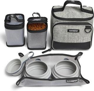 Pet travel set with bowls and containers.