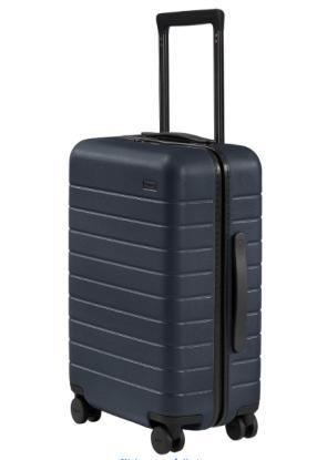 Dark blue hard-shell suitcase with wheels.