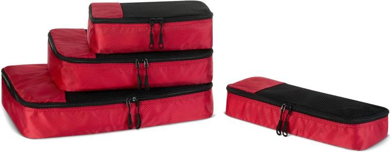 Red and black travel packing cubes stacked.