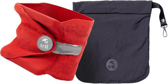 Red travel pillow and black carrying bag.