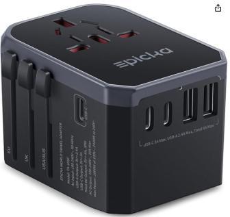 Universal travel adapter with multiple plug options.