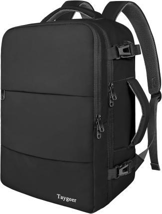 Black travel backpack with multiple compartments.