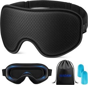 Black sleep mask with accessories and pouch.