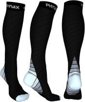 Black compression socks with gray accents.
