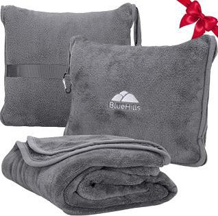 Gray travel blanket and pillow set.