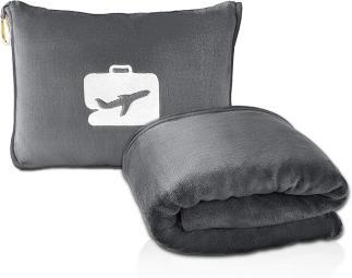 Travel pillow and blanket set, gray color.
