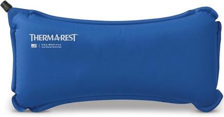 Blue inflatable camping pillow with logo.