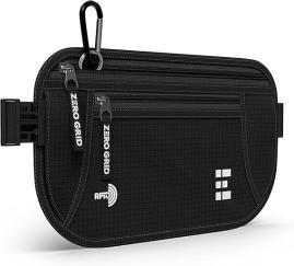 Black RFID travel pouch with zippers.