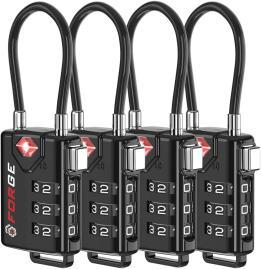 Four black combination padlocks in a row.