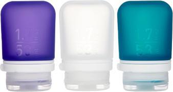 Three colorful silicone travel bottles.