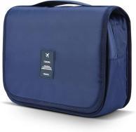 Blue travel toiletry bag with handle.