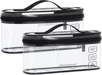 Clear travel toiletry bags with black zippers.