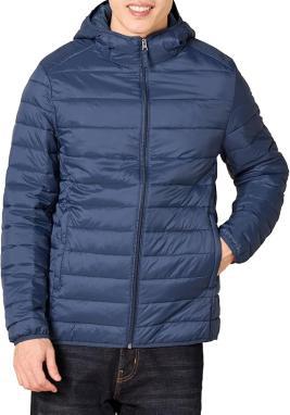 Man wearing a blue puffer jacket.